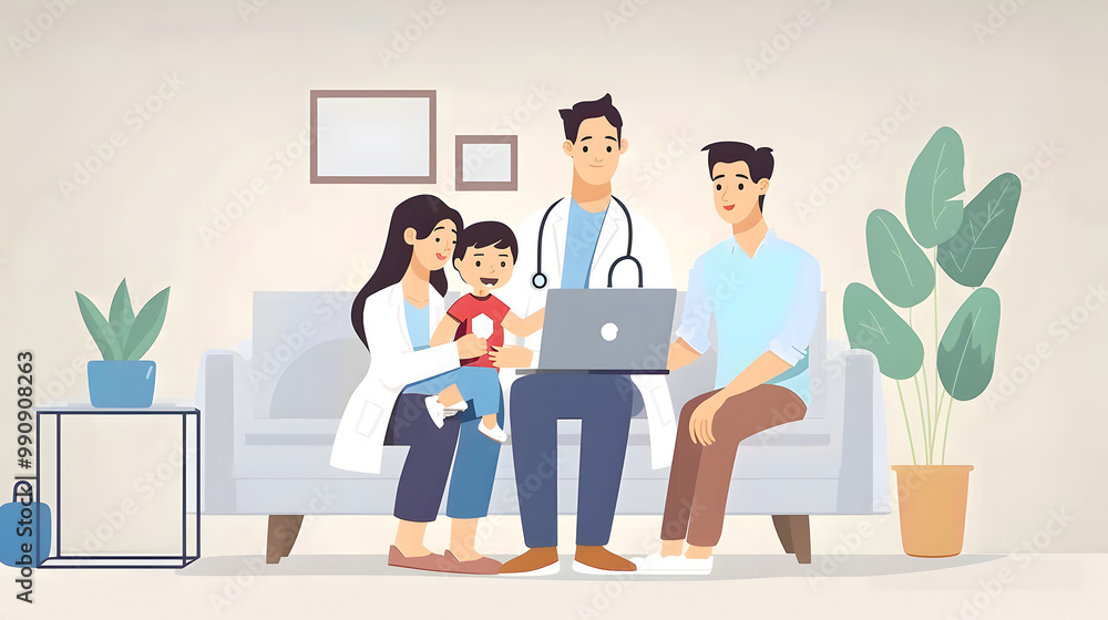 Doctor consulting family online with laptop video call. generative ai. Doctor consulting family online with laptop video call. generative ai.