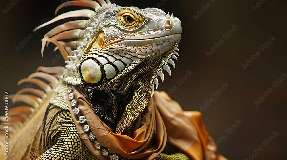 Fototapeta premium An iguana wearing a silk scarf and a diamond collar