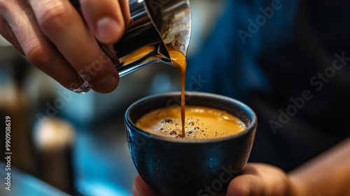 A barista expertly pouring a single-origin specialty coffee into a cup, focusing on quality and flavor