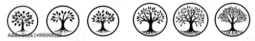 This is an icon template that represents a tree of life. The round garden plant symbol is made of a natural line. A green branch with leaves is used as an icon template on a modern illustration.