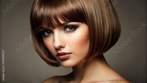 Luscious brown locks cascade down the back, with subtle layers framing the cheeks and ears, while a choppy photo