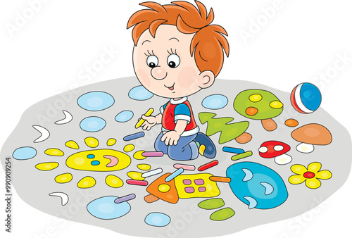 Funny little boy drawing with color crayons a funny picture on the pavement on a playground in a summer park, vector cartoon illustration on a white background