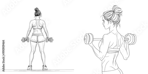 One line drawing of a sports girl with dumbbells in full growth. Drawing of fitness, physical education, bodybuilding, muscle building, gym, sexy body, sports belly, woman.