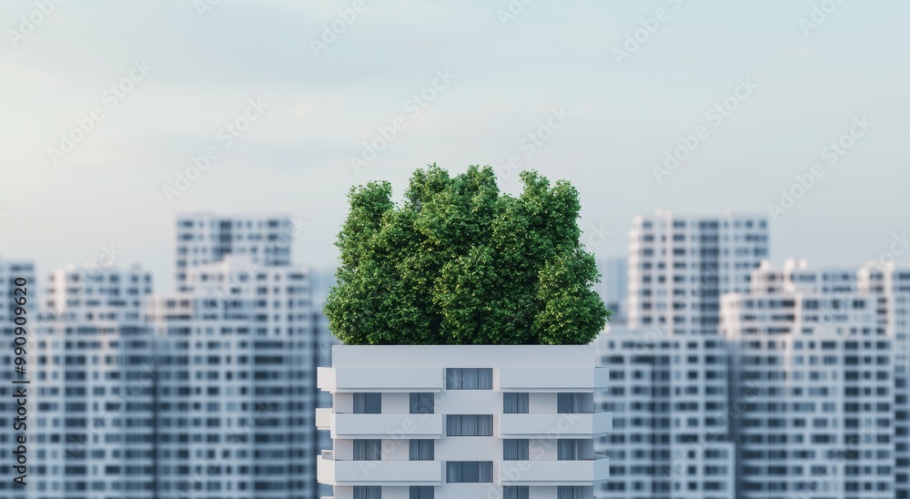 A modern building with lush greenery on the rooftop contrasts against a backdrop of urban high-rises, highlighting eco-friendly architecture. A modern building with lush greenery on the rooftop contrasts against a backdrop of urban high-rises, highlighting eco-friendly architecture.