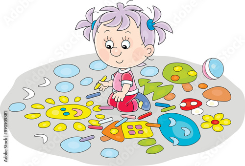 Funny little girl drawing with color crayons a funny picture on the pavement on a playground in a summer park, vector cartoon illustration on a white background