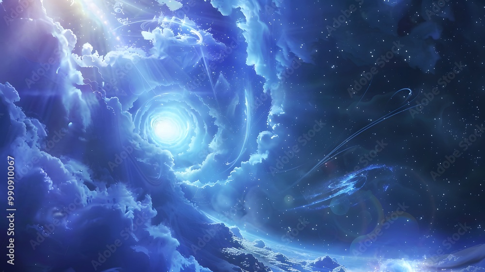 Silent Cosmic Rain: A celestial view of light beams descending softly like rain, with stars sparkling gently against a blue and purple backdrop, creating a calming, otherworldly scene Silent Cosmic Rain: A celestial view of light beams descending softly like rain, with stars sparkling gently against a blue and purple backdrop, creating a calming, otherworldly scene