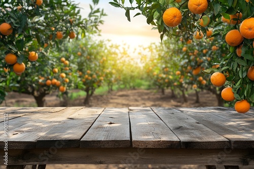 photo Empty wood table with free space over orange trees, orange field background