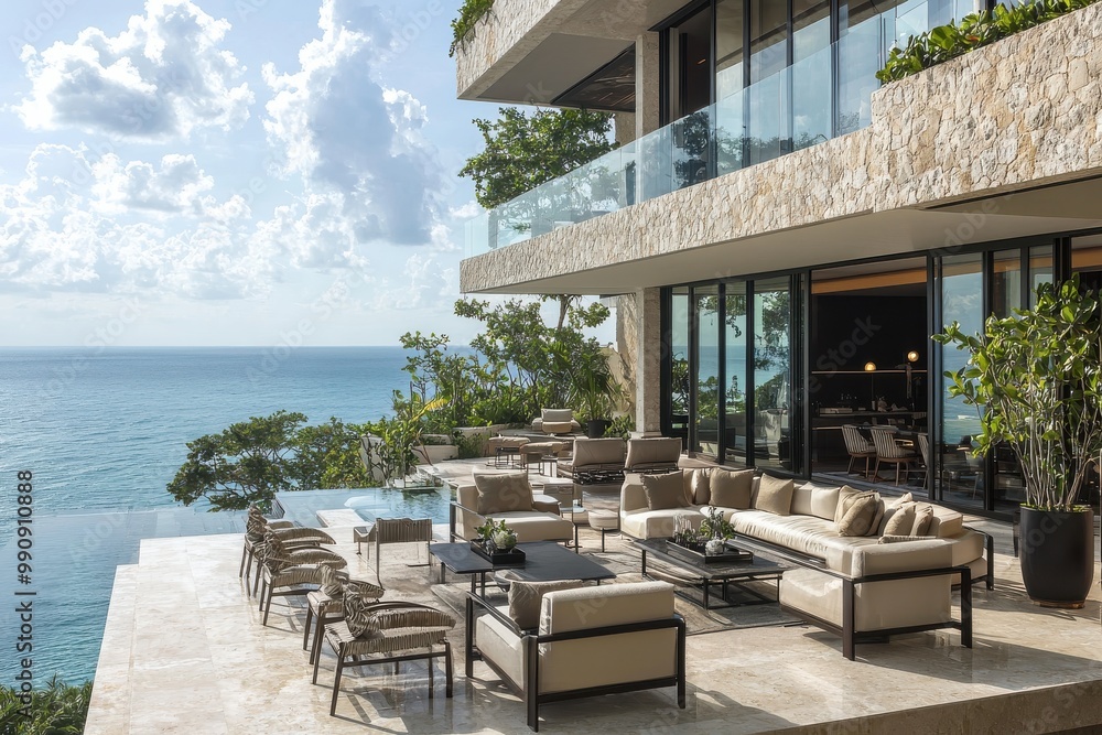Fototapeta premium Luxury coastal vacation home with outdoor living area and panoramic ocean view