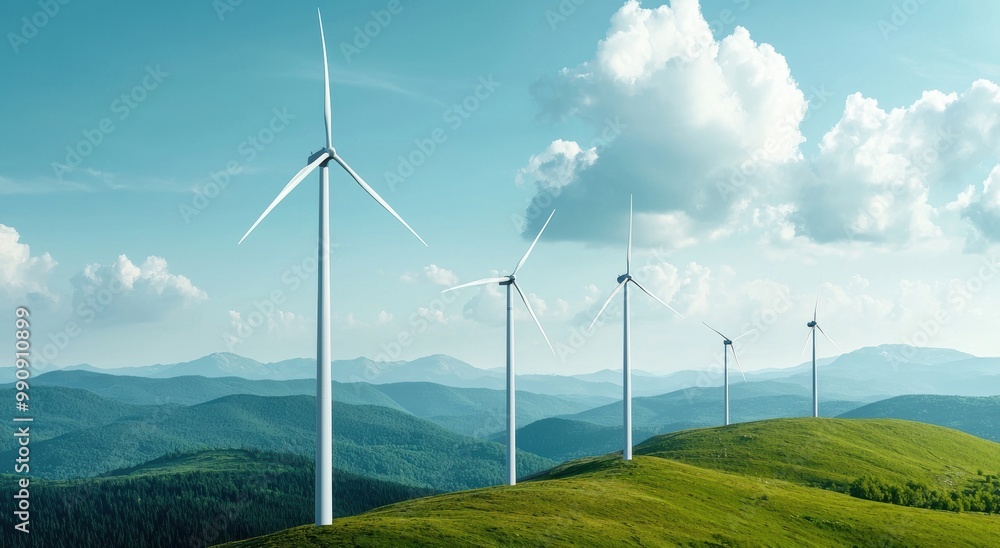 A serene landscape featuring five wind turbines on rolling green hills beneath a bright sky, symbolizing renewable energy and sustainability. A serene landscape featuring five wind turbines on rolling green hills beneath a bright sky, symbolizing renewable energy and sustainability.