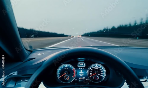 Self driver car dashboard from behind the cockpit with speedometer