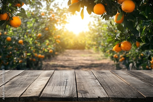 photo Empty wood table with free space over orange trees, orange field background