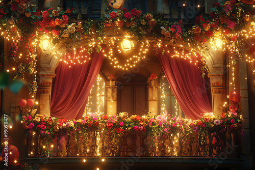 Charming background with a view of a decorated balcony overlooking the carnival parade, adorned with flowers, ribbons, and lights