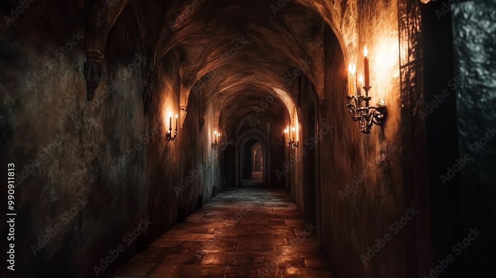 Fototapeta premium A mysterious stone hallway illuminated by flickering sconces, perfect for evoking a dark and enchanted atmosphere.