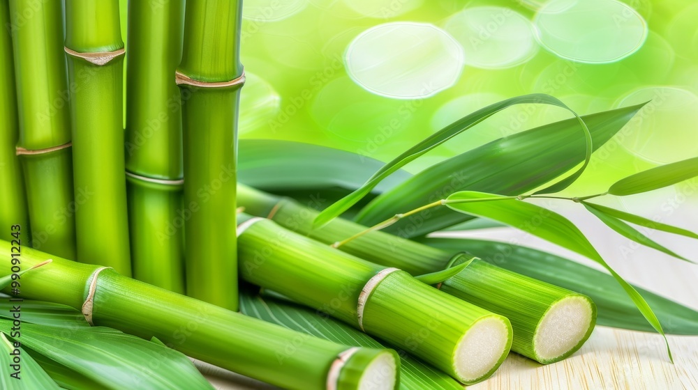 Fototapeta premium Fresh Green Bamboo Stalks. Cut Pieces of Bamboo Stems and Leaves on Blurred Green Background.