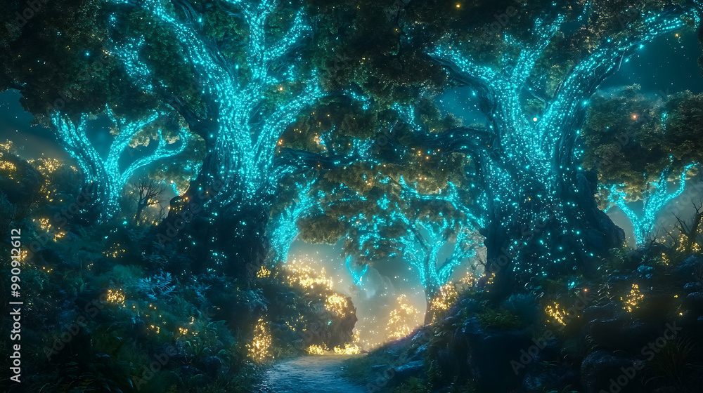 A magical forest with giant, bioluminescent trees, leading to an ethereal, glowing horizon A magical forest with giant, bioluminescent trees, leading to an ethereal, glowing horizon