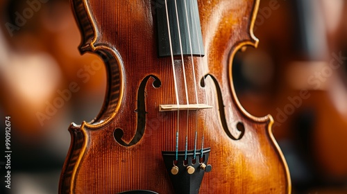 Close-up of a beautiful violin showcasing its intricate woodwork and elegant curves, symbolizing musical artistry and craftsmanship.