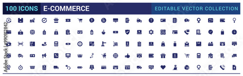 E-commerce filled icon set, online shopping and delivery elements glyph collection for web and ui. Filled icons pack, Solid icon collection, Vector illustration.