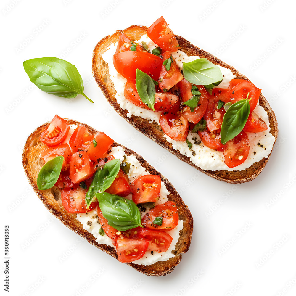 Bruschetta Toast with Ricotta Cheese and Tomatoes and Basil top view isolated on white Bruschetta Toast with Ricotta Cheese and Tomatoes and Basil top view isolated on white