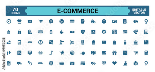 E-commerce filled icon set, online shopping and delivery elements glyph collection for web and ui. Filled icons pack, Solid icon collection, Vector illustration.