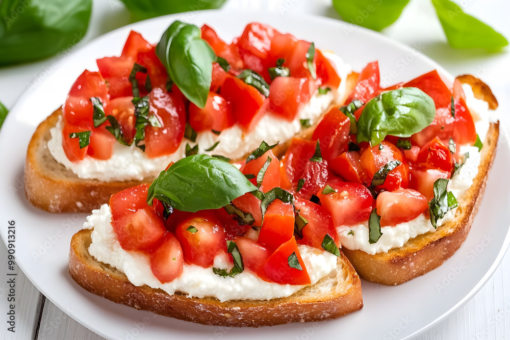Bruschetta Toast with Ricotta Cheese and Tomatoes and Basil top view isolated on white Bruschetta Toast with Ricotta Cheese and Tomatoes and Basil top view isolated on white