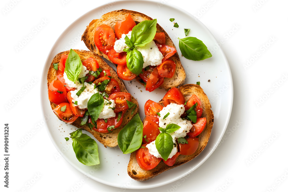 Bruschetta Toast with Ricotta Cheese and Tomatoes and Basil top view isolated on white Bruschetta Toast with Ricotta Cheese and Tomatoes and Basil top view isolated on white