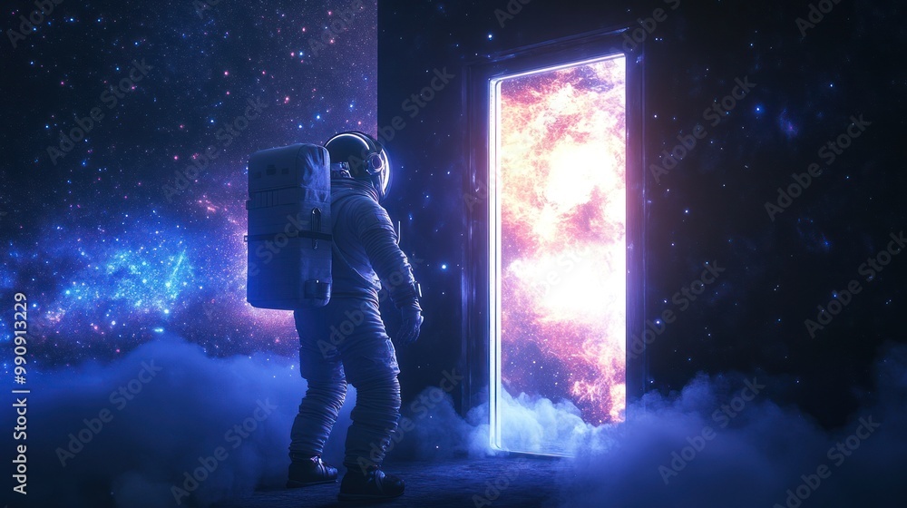 Fototapeta premium Astronaut opening door to orange cosmic realm