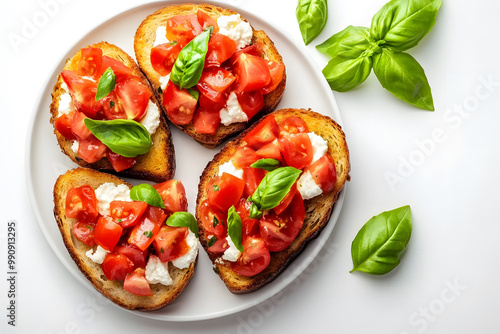 Bruschetta Toast with Ricotta Cheese and Tomatoes and Basil top view isolated on white