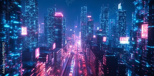 Futuristic cityscape at night with glowing neon lights. photo