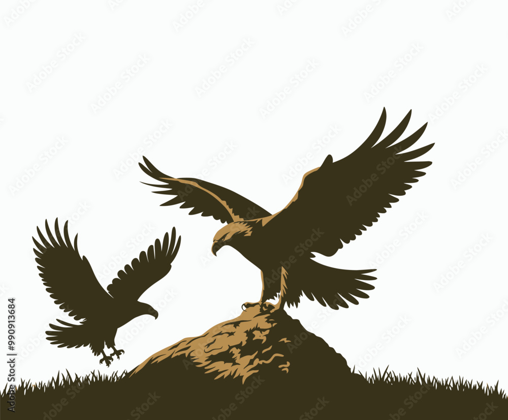 Obraz premium Golden eagle silhouette editable EPS vector isolated illustration template on a white background