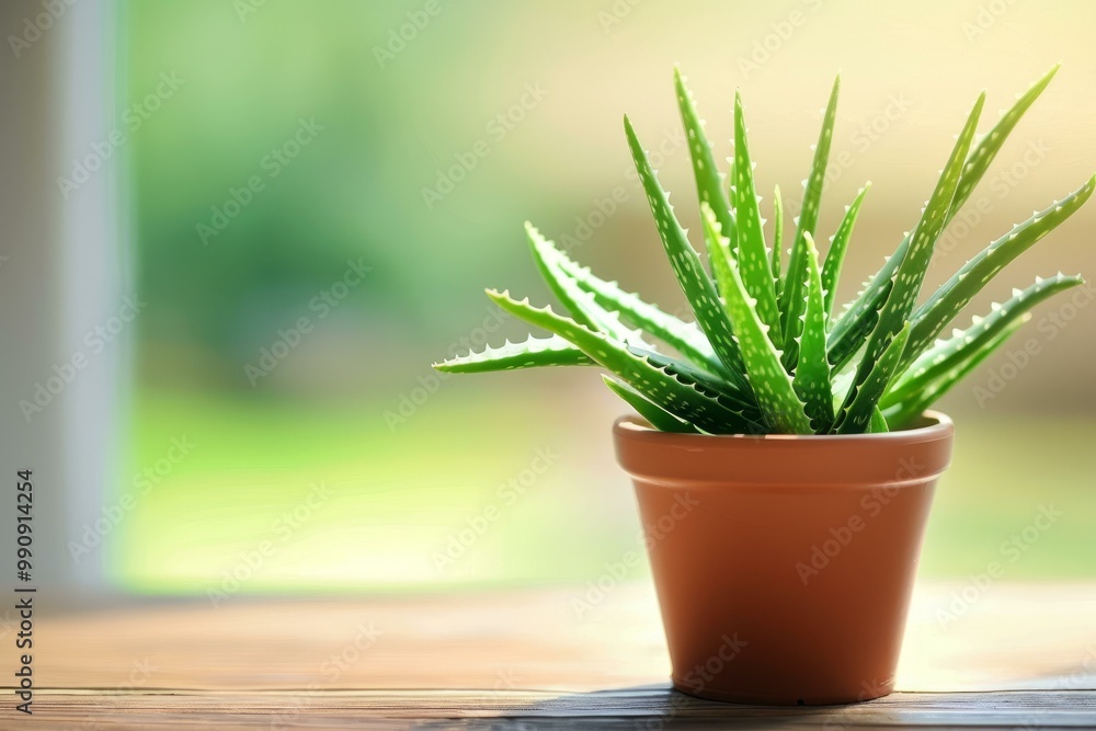 Vibrant green aloe vera plant is growing in a terracotta pot, suggesting a natural and healthy lifestyle Vibrant green aloe vera plant is growing in a terracotta pot, suggesting a natural and healthy lifestyle