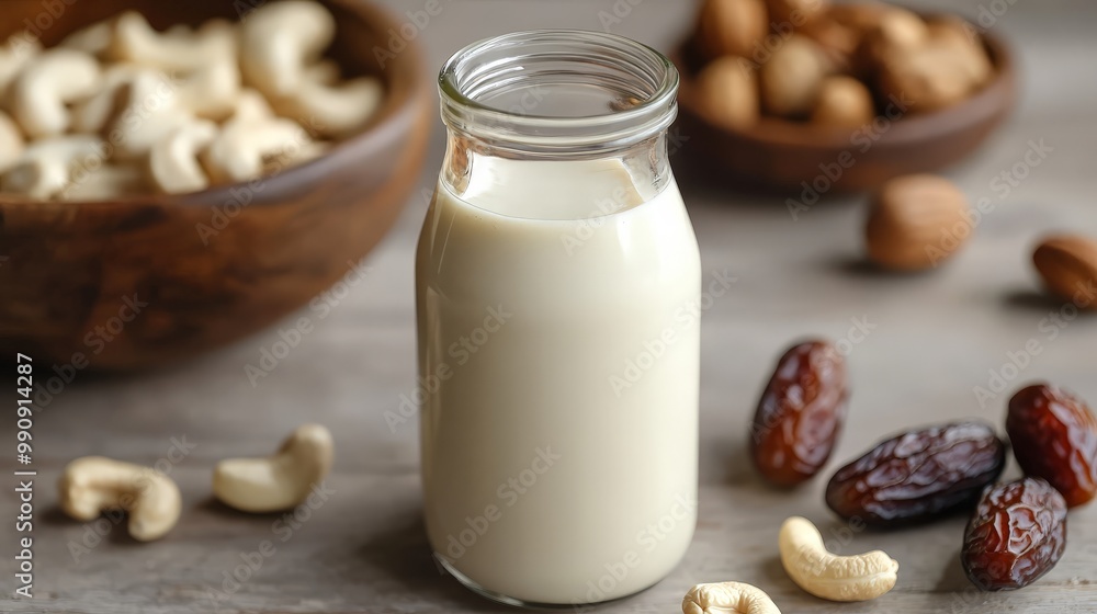 A close-up of a bottle of homemade cashew milk, with cashews and dates displayed beside it A close-up of a bottle of homemade cashew milk, with cashews and dates displayed beside it