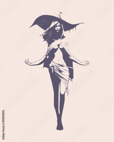Silhouette of charming young cute witch girl. Halloween relative character silhouette