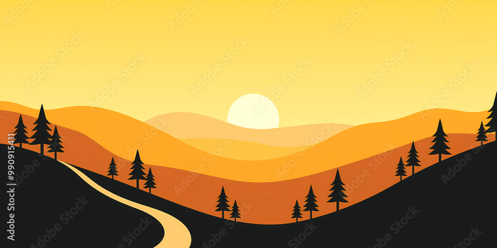 Fototapeta premium Sunset over the rolling hills and the winding road