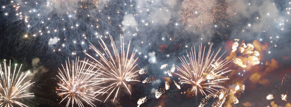 Naklejka premium Banner blue Firework celebrate anniversary happy new year 2024, 4th of july holiday festival. Banner blue firework night celebrate national holiday. Countdown new year 2025 festival with copy space