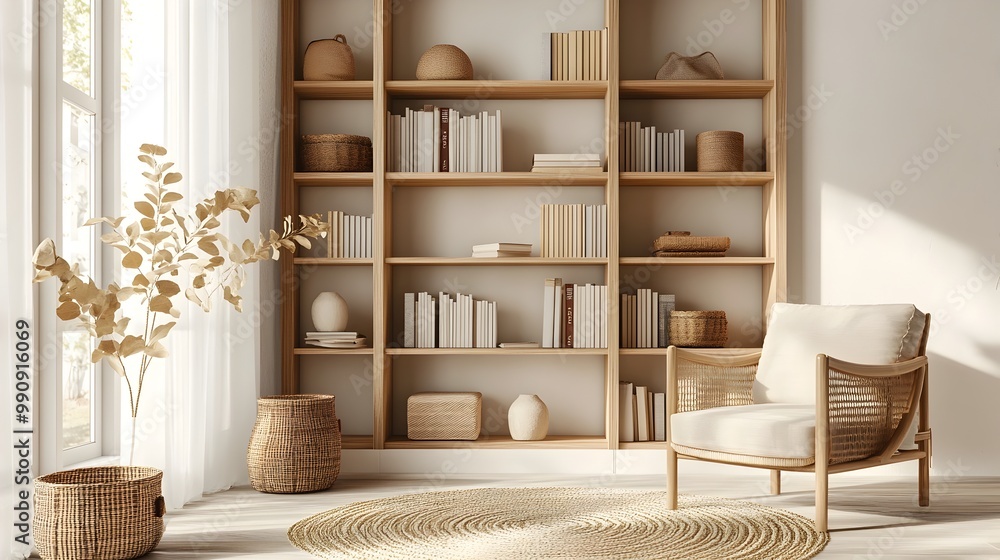 Minimalist and Elegant Light Wood Bookshelf Featuring Clean Lines and Ample Space for Books and Decor in a Cozy Reading Nook Interior Setting Minimalist and Elegant Light Wood Bookshelf Featuring Clean Lines and Ample Space for Books and Decor in a Cozy Reading Nook Interior Setting