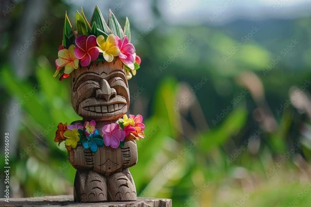Obraz premium Traditional hawaiian tiki statue with a blurred green background representing tropical nature