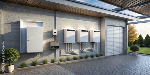 Home battery energy storage system at modern home garage wall.