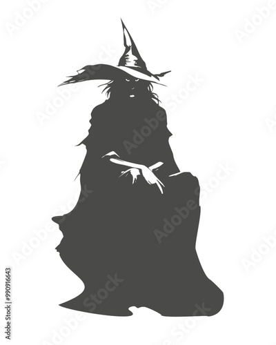 Silhouette of sitting young cute witch girl. Halloween relative character silhouette