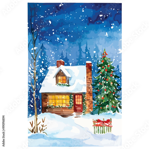 Watercolor cozy little house in winter scene vector illustration, merry christmas postcard design, seasonal new year greetings watercolor isolated on white with clipping path