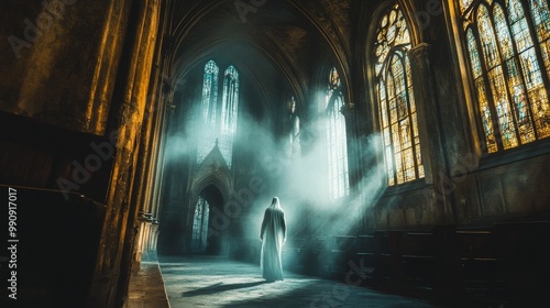 Eerie Encounter in Gothic Cathedral: Ghostly Figure Amid Stained-Glass Light