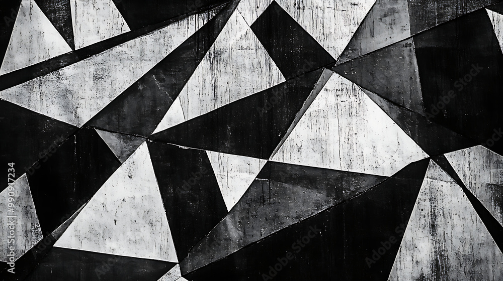 Intricate geometric shapes forming a black and white textured pattern with sharp contrasts