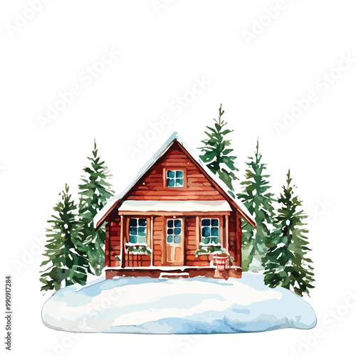 Watercolor cozy little house in winter scene vector illustration, merry christmas postcard design, seasonal new year greetings watercolor isolated on white with clipping path