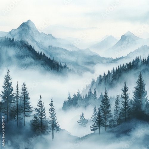 Watercolor art, Mountain painting, Tree landscape, Nature art, Natural scenery, Scenic watercolor, Mountain range, Tree art, Forest painting, Outdoor scene, Wilderness art, Watercolor landscape, Mount