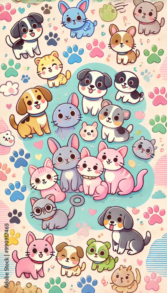 Colorful Cartoon Pets and Paw Prints Colorful Cartoon Pets and Paw Prints