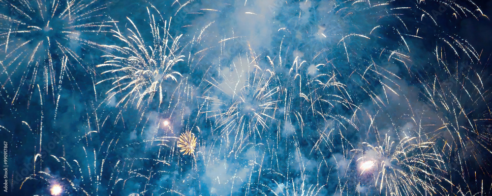 Fototapeta premium Banner blue Firework celebrate anniversary happy new year 2024, 4th of july holiday festival. Banner blue firework night celebrate national holiday. Countdown new year 2025 festival with copy space