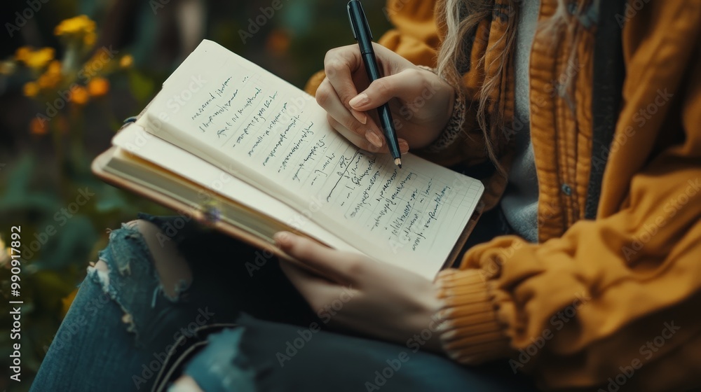 Naklejka premium A close-up of a person journaling about their spiritual healing journey, reflecting on personal growth