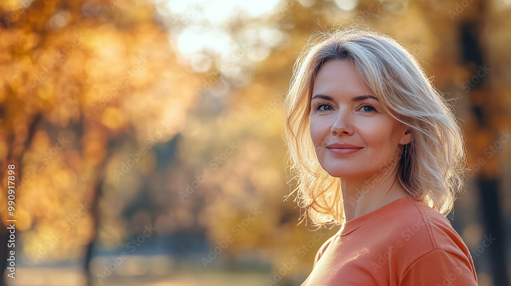 Beautiful athletic middle-aged woman in sportswear jogging in autumn sunny park