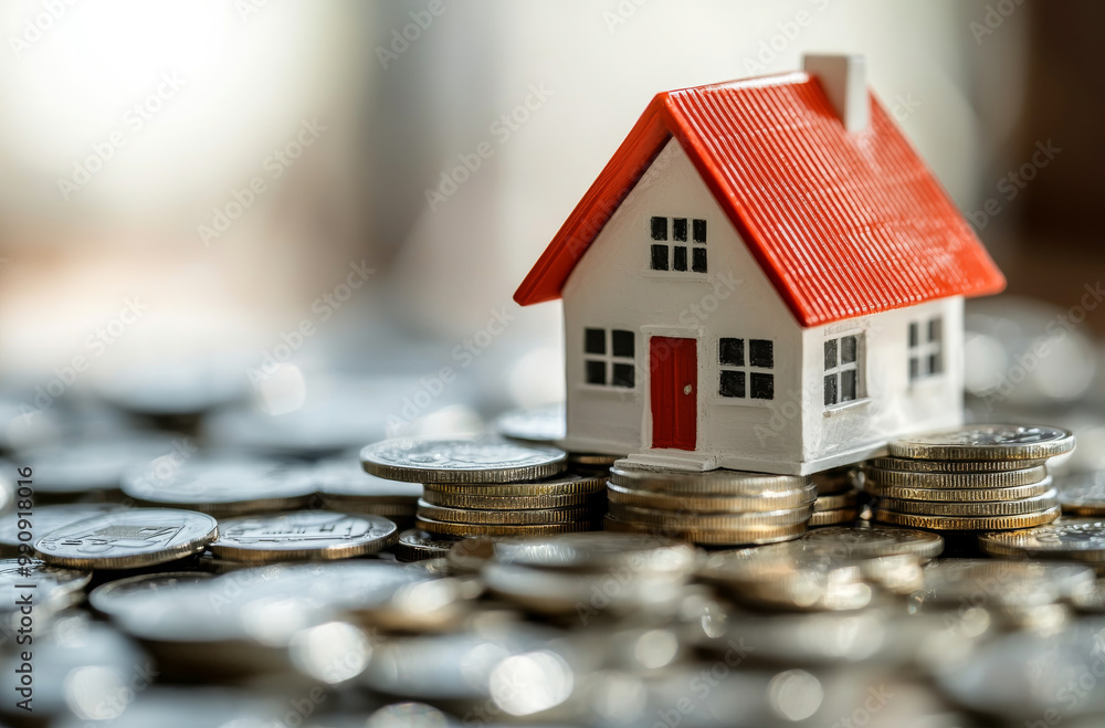 Small house model placed on a pile of gold coins, real estate investment appreciation concept Small house model placed on a pile of gold coins, real estate investment appreciation concept