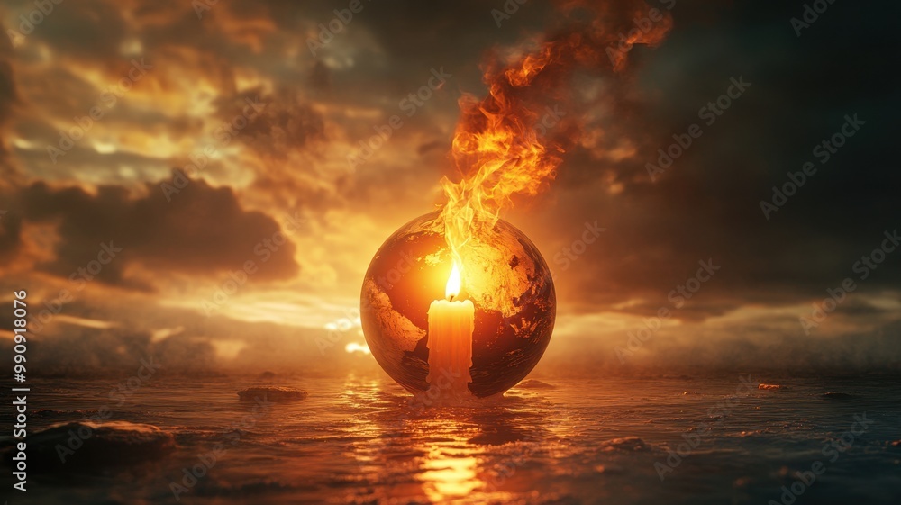 A burning candle on a globe symbolizing climate change and environmental issues, with a fiery sunset in the background. A burning candle on a globe symbolizing climate change and environmental issues, with a fiery sunset in the background.