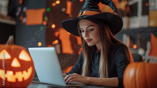 Businesswoman in witch hat works on laptop in office with jack o lantern pumpkin standing nearby